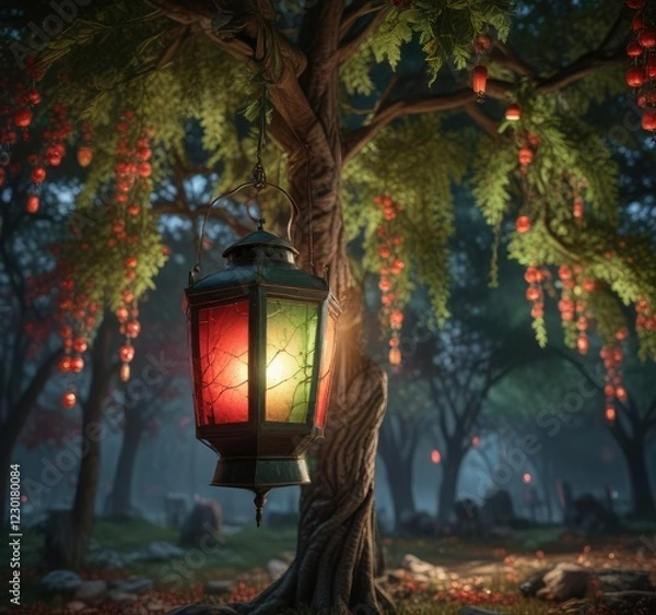 Fototapeta Lantern with red and green colors hung on a tree, red lantern, warm glow, evergreen branches