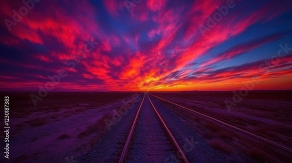 Fototapeta Vibrant Sunset Over Desert Railway Tracks Extending Into Horizon