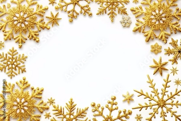 Fototapeta Golden Snowflake Border, White Background, Christmas Winter Design, Festive Frame