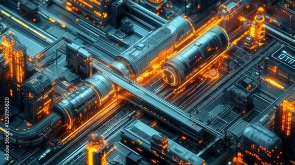 Fototapeta Futuristic city transport system with glowing orange energy lines and dark teal metallic structures.