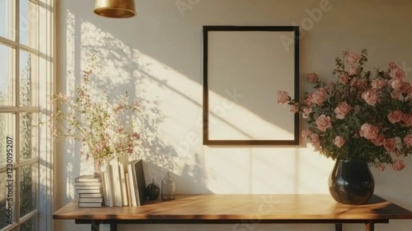 Fototapeta Cozy and Bright Workspace with Flowers and Empty Picture Frame