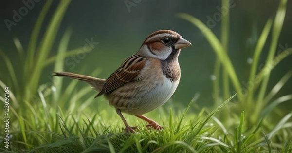 Fototapeta Small sparrow hopping along the grass stem with its beak poking out front, songbird, grass, action shot