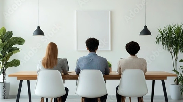 Obraz Team meeting in modern office space collaborative discussion minimalistic design professional setting focused atmosphere
