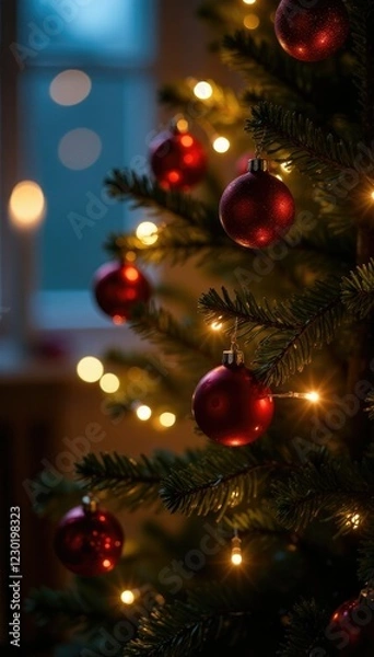Fototapeta Magical ambiance created by string lights on a Christmas tree, enchanting, glow