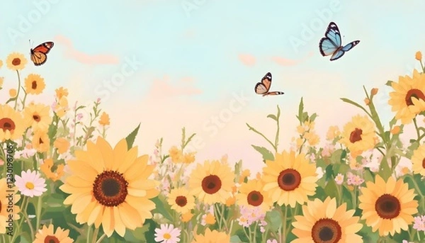 Fototapeta Whimsical pastel sunflower field with soft golden hues and gentle blue skies