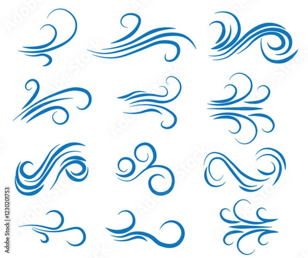 Fototapeta Wind air flow, flowing row elements, doodle wind line set, hand drawn doodle wind motion vector illustration