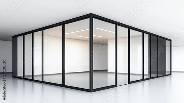 Fototapeta A frameless corner window wrapping two walls in a sleek modern space set on a white background front view highlighting openness scifi tone splitcomplementary color scheme
