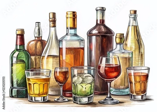 Obraz Hand-Drawn Sketch of Alcohol Bottles & Glasses: Bar Menu Design Elements