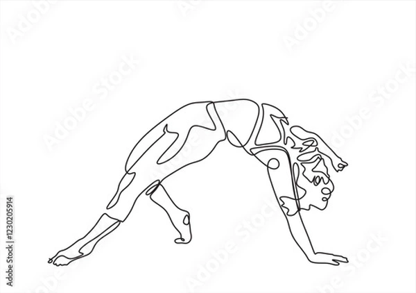 Fototapeta Continuous line drawing of a woman in a yoga pose, representing relaxation and fitness. Vector art focused on health and meditation, isolated on a white background.	