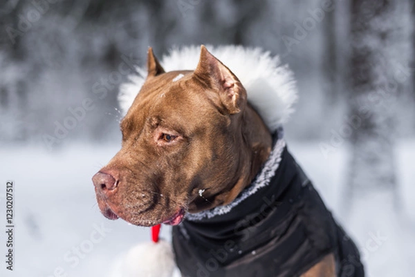 Obraz winter forest chocolate colored pitbull in red Santa Claus hat