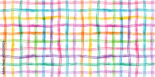 Fototapeta Cute colorful vector hand drawn summer plaid check seamless vector pattern with thick wavy crossing lines, grunge painted brush grid background