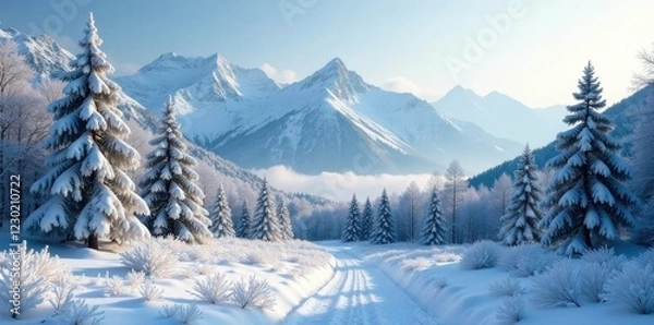 Fototapeta Frosty forest with snow-capped mountains and bare trees, landscape, trees