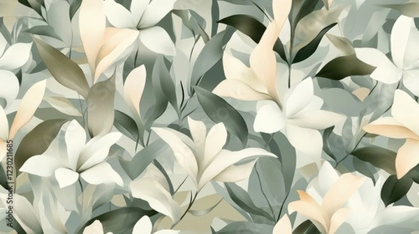 Fototapeta Elegant Floral Seamless Pattern Featuring Soft Green Leaves and Creamy Blooms, Capturing Nature's Beauty in a Modern Botanical Setting