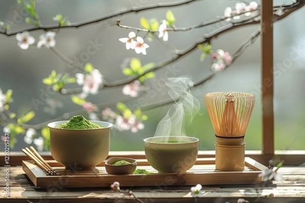 Fototapeta In a tranquil setting, a matcha tea ceremony unfolds with vibrant green tea powder, steam rising from a bowl, and delicate flowers in the background, creating a peaceful atmosphere