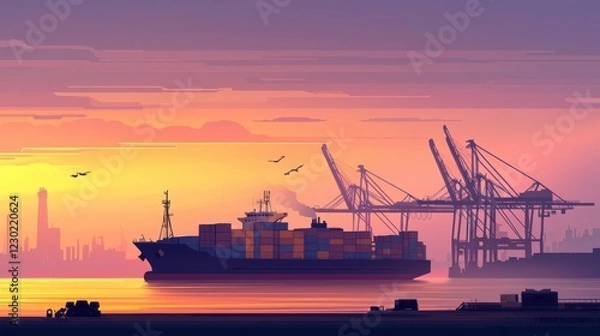 Fototapeta Container ship unloading dusk port city digital artwork tranquil waters side view maritime industry