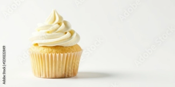 Fototapeta Single vanilla cupcake, buttercream swirl, white background, vanilla, high resolution