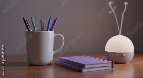 Fototapeta Calming Desk Setup with Diffuser and Notebooks