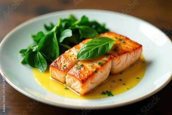 Fototapeta Freshly cooked salmon steak with steamed spinach and lemon sauce, steak, meal