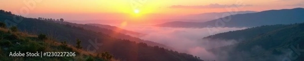 Fototapeta Misty dawn landscape with rolling hills and foggy valleys, sunrise, landscape, gentle