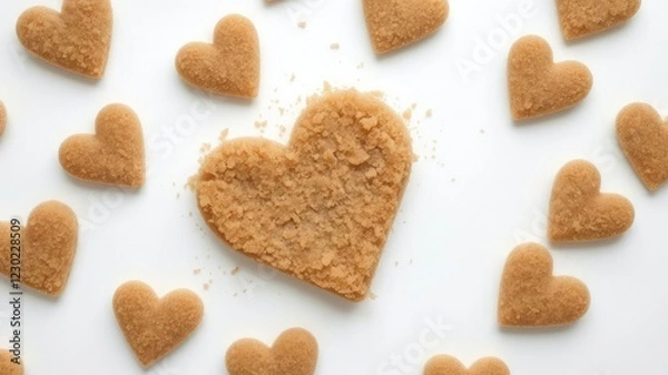 Fototapeta Heart shaped brown sugar arranged neatly on a white table, dessert, heart-shaped