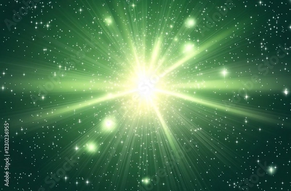 Fototapeta Vector green glowing light effect on a transparent background with lens flare, stars, and sun rays. Illustration of sunlight. The illustration is in vector format, showcasing the meticulous detailing 