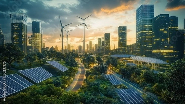 Fototapeta A futuristic city powered entirely by green technology, with solar panels on every building, wind turbines along the skyline, and a network of clean energy grids lighting up the streets