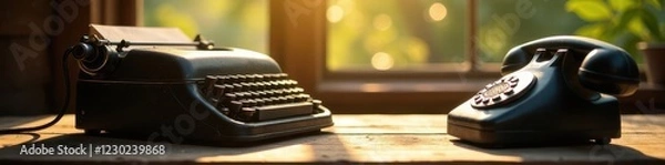 Obraz Dusty typewriter and old phone on wooden surface Sunlit scene , retro, vintage technology