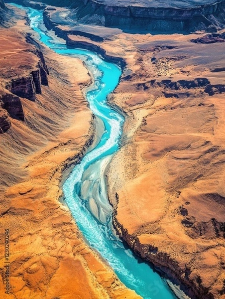 Fototapeta A beautiful and colorful river cutting through a red rock desert, displaying the stark contrast between water and land in an arid environment.