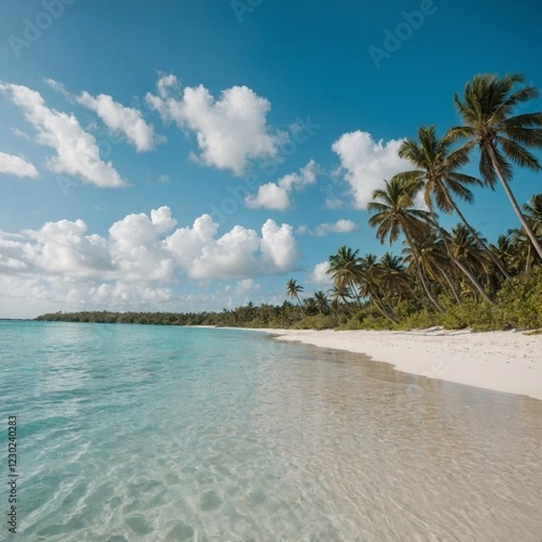 Obraz Turquoise Beach Paradise – A pristine white sand beach with turquoise waters, gentle waves lapping the shore, and palm trees swaying in the breeze.