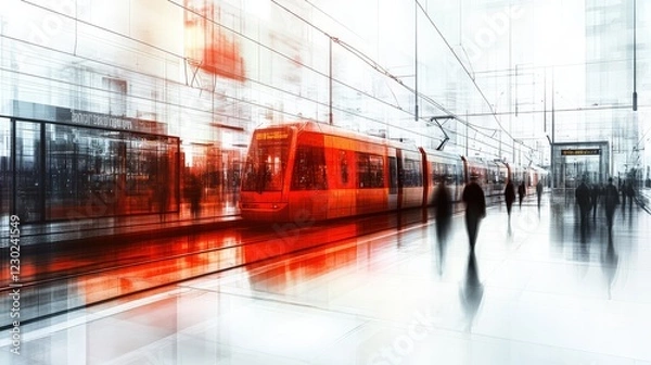 Fototapeta Abstract urban scene depicting a vibrant tram station with blurred figures and dynamic lighting