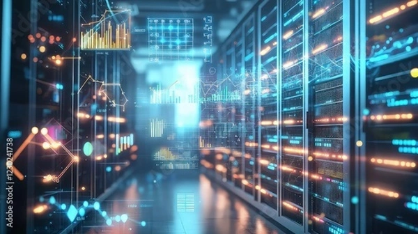 Fototapeta A futuristic data center with rows of glowing servers processing scientific research, surrounded by floating graphs of technological advancements and business development strategies