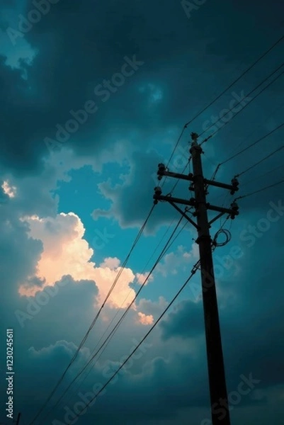Fototapeta Stormy sky with utility pole against dark clouds, utility, wire, stormy