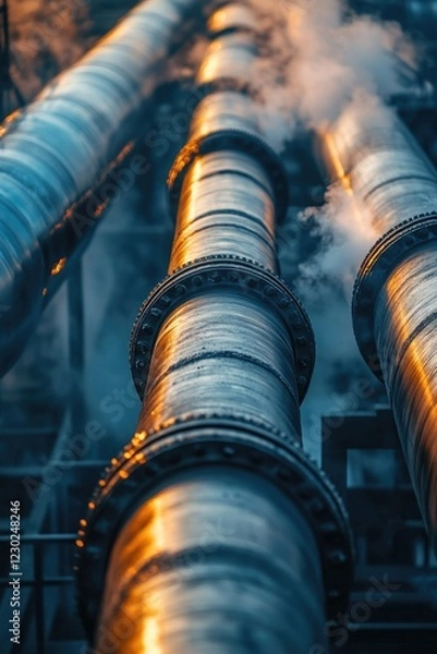 Fototapeta Pipes leading out of industrial smoke stacks at dusk. Conveying pollutants into the environment.