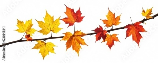 Fototapeta Vine branch with isolated yellow and red autumn leaves in white background, leafy greens, nature photography, solo leaves