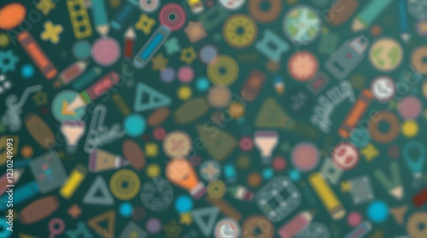 Fototapeta blurry chalkboard background full of colorful doodles relating to education and learning. This image is a fun and creative background for educational resources or presentations.  