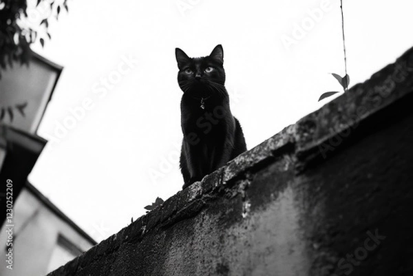 Obraz A black cat sitting on a wet wall looking down, possibly during rain, with an urban street scene.