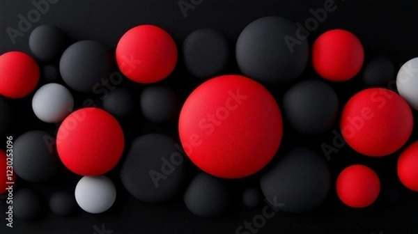 Fototapeta Red and Black Abstract Sphere Pattern: A captivating arrangement of glossy red and black spheres, varying in size, creates a visually striking abstract pattern against a dark background.