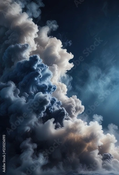 Obraz Mysterious misty atmosphere with swirling fog and smoke against a dark blue background, fog, foreboding