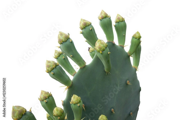 Fototapeta Close-up of prickly pear cactus plant (Opuntia, ficus-indica, prickly pear) with green fruits still attached, isolated on transparent background