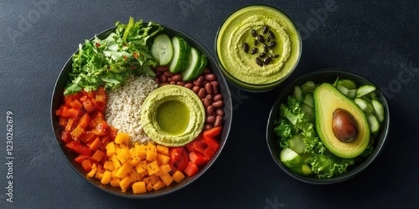 Fototapeta A vibrant, fresh salad in a square bowl, filled with avocado and an array of colorful vegetables. A healthy meal option for vegetarians.