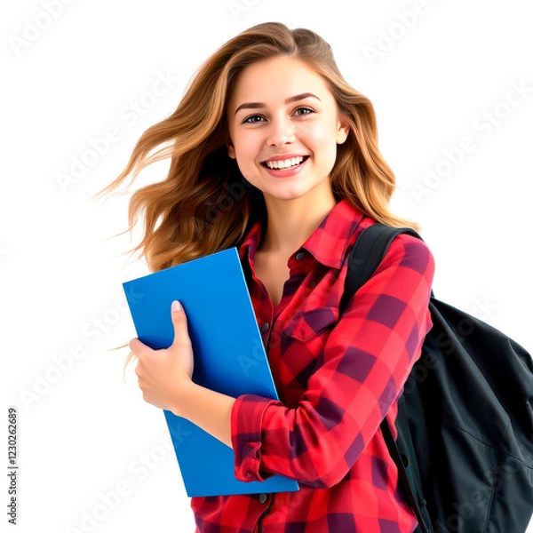 Fototapeta Smiling Young Female Student in Casual Outfit with Backpack and Notebooks - Confident University or High School Girl Ready for a Productive Day of Learning, Education, and Academic Success