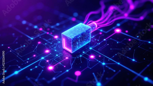 Fototapeta Illustration of a cybernetic cube glowing with purple light and surrounded by digital circuits and dots on a dark background, symbolizing internet security.