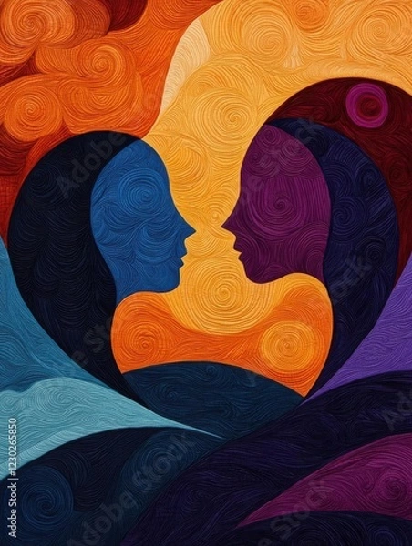 Fototapeta Abstract art: Two faces merge in vibrant heart.