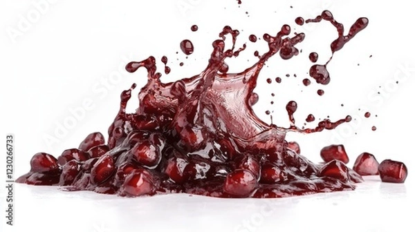Fototapeta Dynamic Splash of Red Liquid with Pomegranate Seeds on White Background Capturing Fluid Motion and Vibrancy