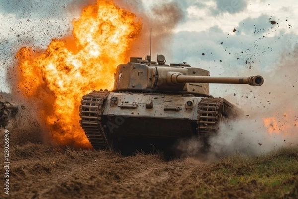 Fototapeta Tank in Action: A Fiery Military Display