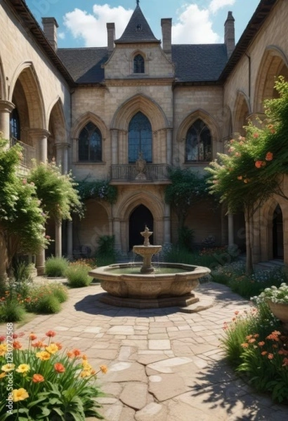Fototapeta Panoramic view of Cluny abbey's courtyard with blooming flowers and a fountain, France, historic site, church