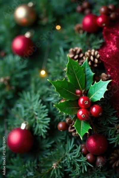 Fototapeta Red copy space with a few holly berries on it, christmas background, greenery, winter decor