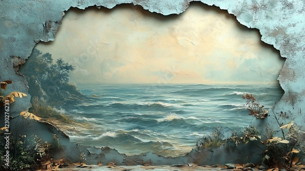 Fototapeta Ocean landscape mural breaking through a wall in a tranquil coastal setting at dawn