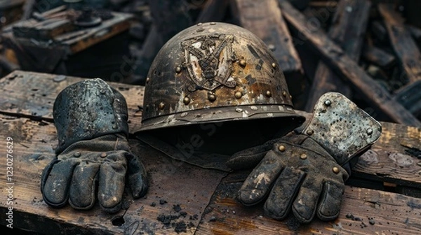 Fototapeta Vintage helmet and weathered gloves on crate reflecting the somber atmosphere of wwii battles