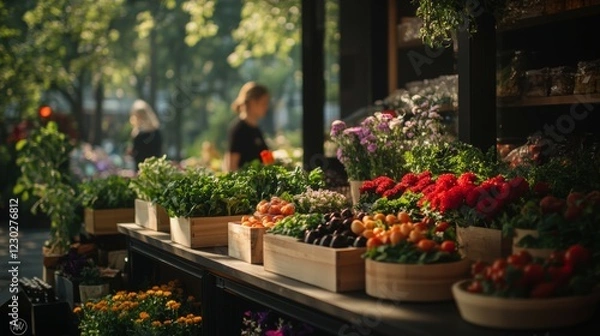 Fototapeta Vibrant Market Scene with Fresh Vegetables and Colorful Flowers in Wooden Baskets Under Soft Sunlight